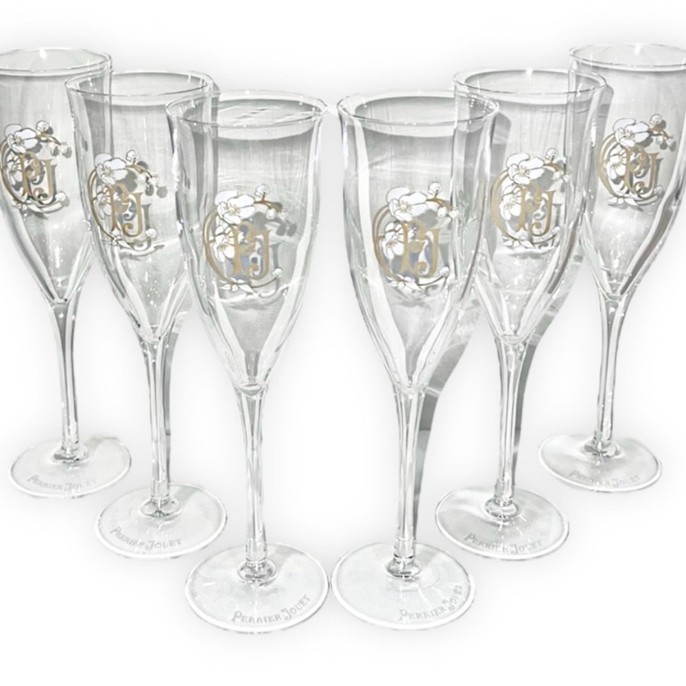 Set of 6 vintage perrier jouet pj champagne flute crystal wine glasses signed